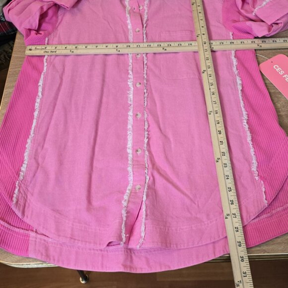 Ces Femme Fringe Waffle Knit Side Panels Shirt Womens Small Pink Denim - Picture 9 of 14